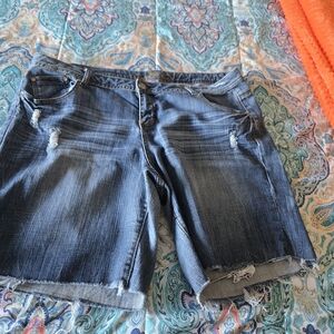 Dark Wash Distressed Women's Denim Bermuda Shorts